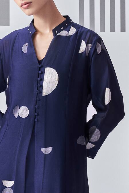 Nachiket Barve_Blue Chanderi, Satin Embroidery Round Neck Felt Applique Kalidar Kurta _Online_at_Aza_Fashions