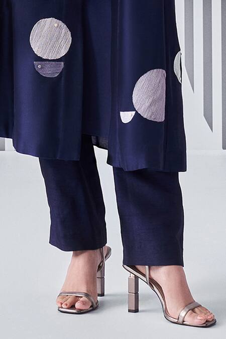 Nachiket Barve_Blue Chanderi, Cotton, Silk Embroidery Felt Applique Kalidar Kurta Pant Set _Online_at_Aza_Fashions