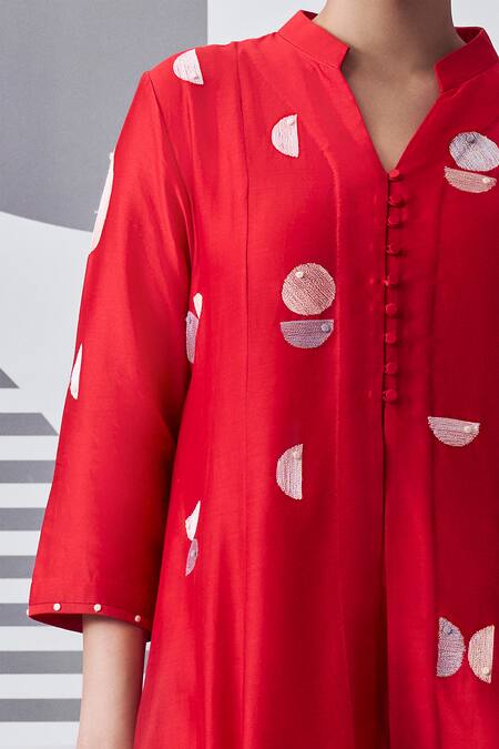 Nachiket Barve_Red Chanderi Embroidery Mandarin Collar Felt Applique Work Kalidar Kurta _Online_at_Aza_Fashions