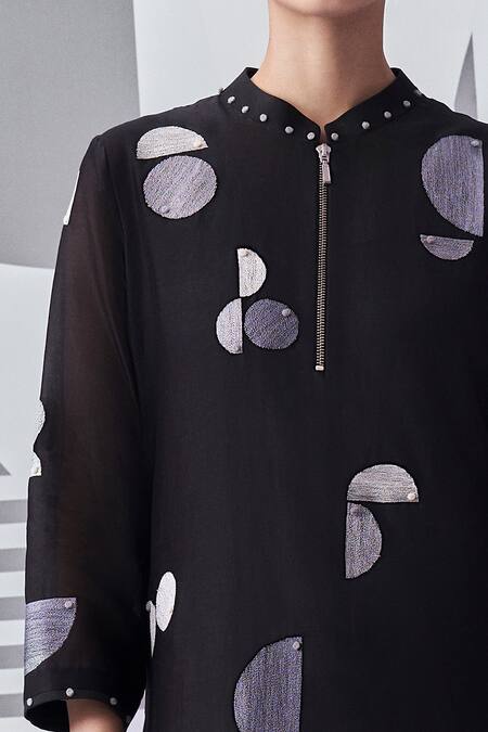 Nachiket Barve_Black Chanderi, Silk Embroidery Mandarin Ombre Trapezium Kurta And Pant Set _Online_at_Aza_Fashions