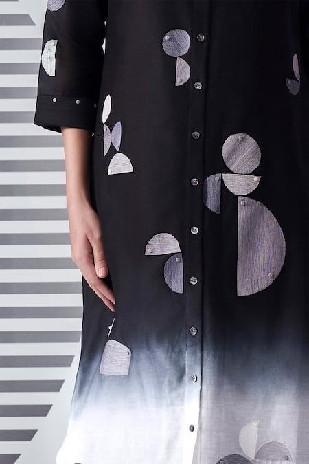 Nachiket Barve_Black Chanderi , Embroidery Collared Ombre Shirt Dress _Online_at_Aza_Fashions