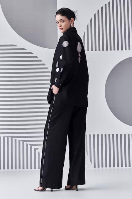 Shop Nachiket Barve Black Chanderi Embroidery Collared Thread Work Shirt And Pant Set at Aza Fashions Shop_Nachiket Barve_Black Chanderi Embroidery Collared Thread Work Shirt And Pant Set _at_Aza_Fashions