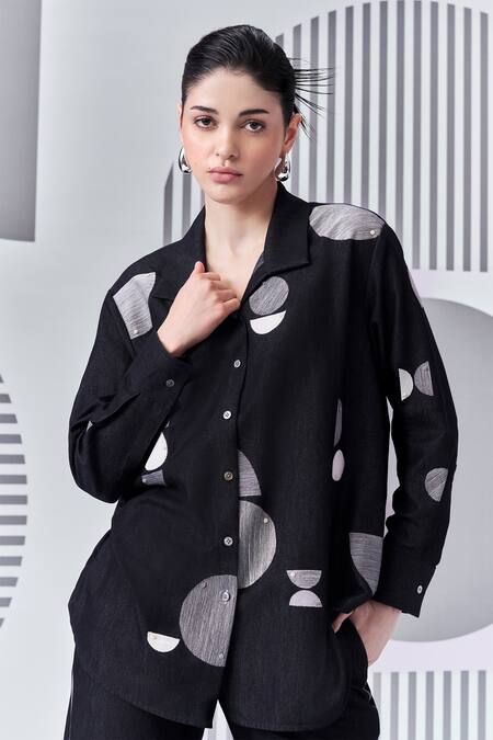 Shop Nachiket Barve Black Chanderi Embroidery Collared Thread Work Shirt And Pant Set Online at Aza Fashions Shop_Nachiket Barve_Black Chanderi Embroidery Collared Thread Work Shirt And Pant Set _Online_at_Aza_Fashions