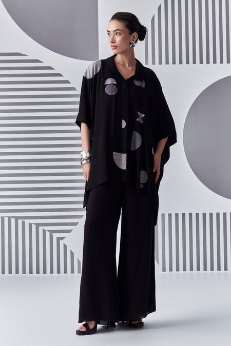 Nachiket Barve_Black Georgette Embroidery Collared Thread Shirt _Online_at_Aza_Fashions