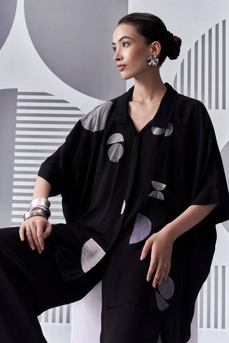 Nachiket Barve Black Georgette Embroidery Collared Thread Poncho Shirt And Pant Set Online at Aza Fashions Nachiket Barve_Black Georgette Embroidery Collared Thread Poncho Shirt And Pant Set _Online_at_Aza_Fashions