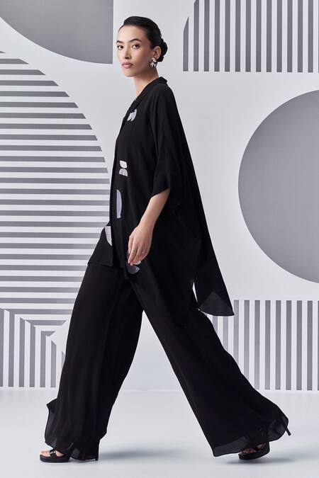 Nachiket Barve Black Georgette Embroidery Collared Thread Poncho Shirt And Pant Set at Aza Fashions Nachiket Barve_Black Georgette Embroidery Collared Thread Poncho Shirt And Pant Set _at_Aza_Fashions