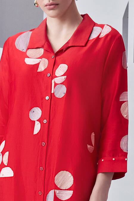 Nachiket Barve Red Chanderi Silk Embroidery Collared Thread Shirt Dress Online at Aza Fashions Nachiket Barve_Red Chanderi Silk Embroidery Collared Thread Shirt Dress _Online_at_Aza_Fashions