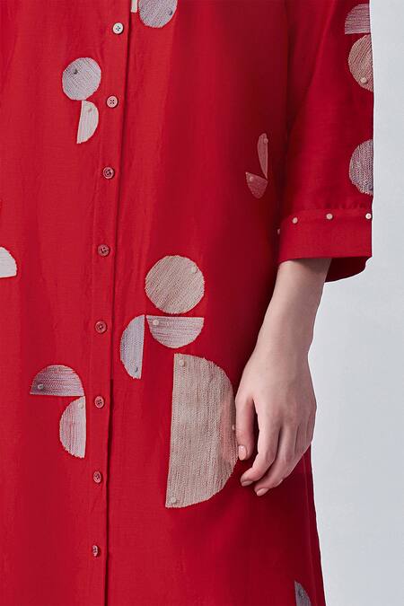 Buy Nachiket Barve Red Chanderi Silk Embroidery Collared Thread Shirt Dress Online at Aza Fashions Buy_Nachiket Barve_Red Chanderi Silk Embroidery Collared Thread Shirt Dress _Online_at_Aza_Fashions