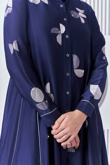 Nachiket Barve Blue Chanderi Silk, Silk, Cotton Embroidery Mandarin Collar Panelled Dress Online at Aza Fashions Nachiket Barve_Blue Chanderi Silk, Silk, Cotton Embroidery Mandarin Collar Panelled Dress _Online_at_Aza_Fashions