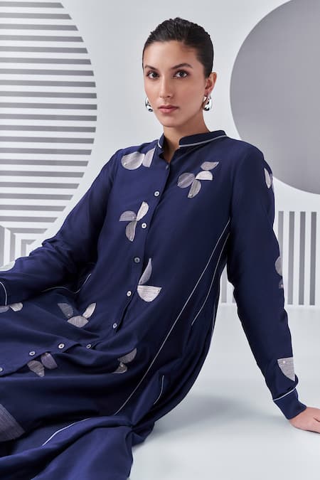 Buy Nachiket Barve Blue Chanderi Silk, Silk, Cotton Embroidery Mandarin Collar Panelled Dress Online at Aza Fashions Buy_Nachiket Barve_Blue Chanderi Silk, Silk, Cotton Embroidery Mandarin Collar Panelled Dress _Online_at_Aza_Fashions