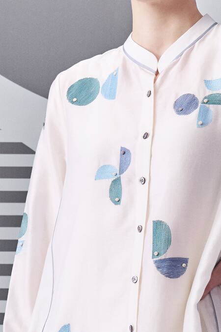 Nachiket Barve_Ivory Chanderi , Embroidery Mandarin Collar Geometric Panelled Dress _Online_at_Aza_Fashions