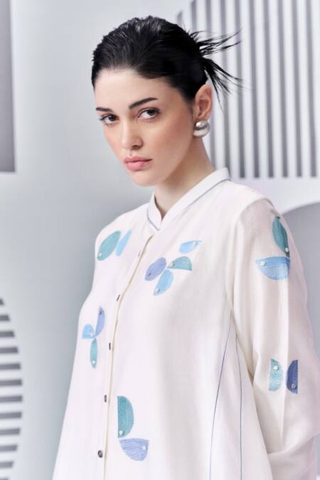 Buy_Nachiket Barve_Ivory Chanderi , Embroidery Mandarin Collar Geometric Panelled Dress _Online_at_Aza_Fashions