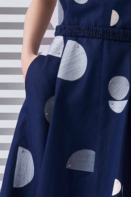 Nachiket Barve_Blue Denim Embroidery V-neck Thread Dress _Online_at_Aza_Fashions