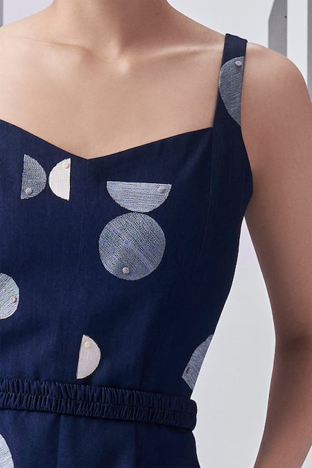 Buy_Nachiket Barve_Blue Denim Embroidery V-neck Thread Dress _Online_at_Aza_Fashions