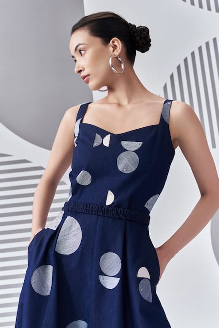 Shop_Nachiket Barve_Blue Denim Embroidery V-neck Thread Dress _Online_at_Aza_Fashions