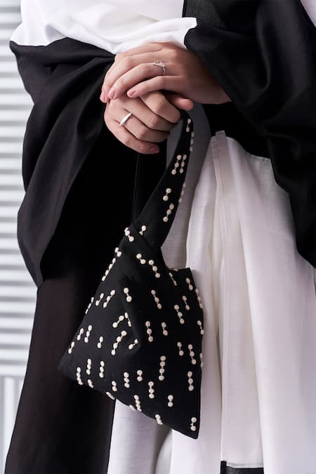 Nachiket Barve_Black Chanderi, Cotton, Silk Embroidery Mandarin Collar Colorblock Kurta Set _Online_at_Aza_Fashions