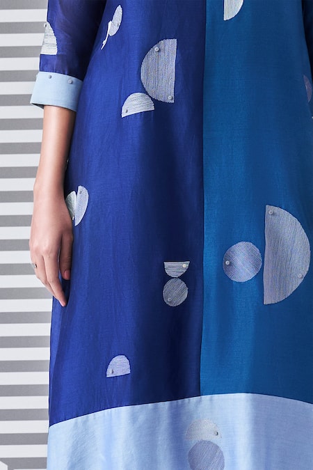 Nachiket Barve_Blue Chanderi Embroidery Mandarin Collar Colorblock Kurta Palazzo Set _Online_at_Aza_Fashions
