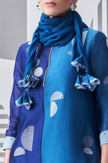 Buy_Nachiket Barve_Blue Chanderi Embroidery Mandarin Collar Colorblock Kurta Palazzo Set _Online_at_Aza_Fashions