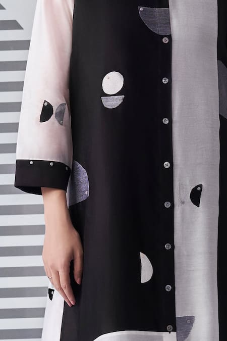 Nachiket Barve_Black Chanderi Silk Embroidery Collared Thread Shirt Dress _Online_at_Aza_Fashions