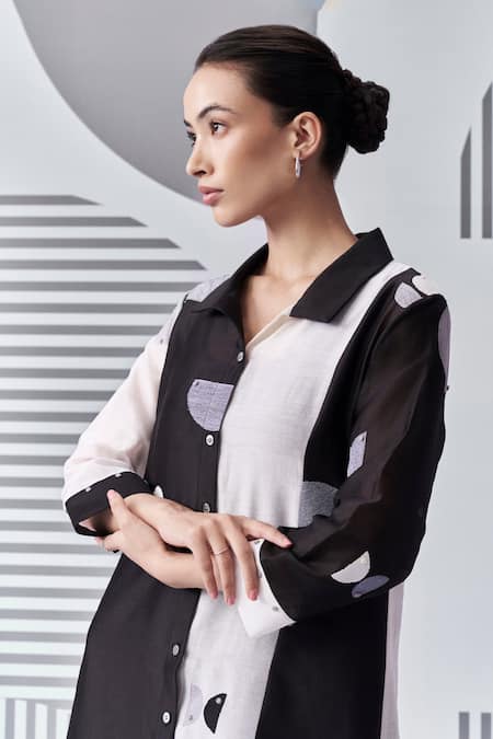 Buy_Nachiket Barve_Black Chanderi Silk Embroidery Collared Thread Shirt Dress _Online_at_Aza_Fashions