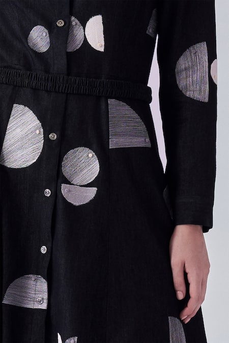 Nachiket Barve_Black Denim Embroidery Collared Thread Work Dress _Online_at_Aza_Fashions