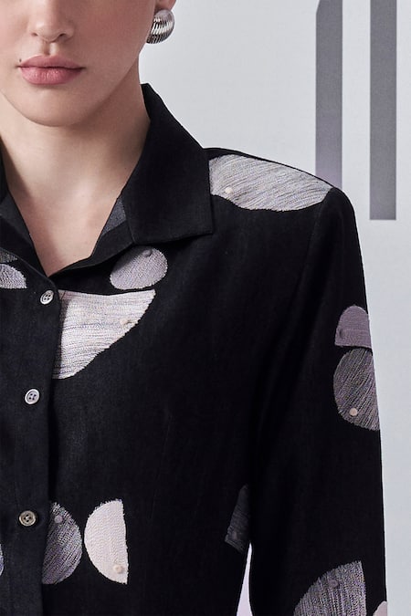 Buy_Nachiket Barve_Black Denim Embroidery Collared Thread Work Dress _Online_at_Aza_Fashions