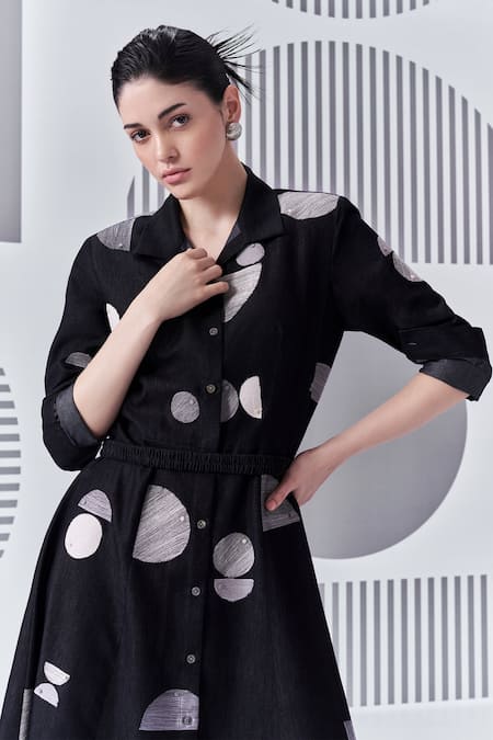 Shop_Nachiket Barve_Black Denim Embroidery Collared Thread Work Dress _Online_at_Aza_Fashions