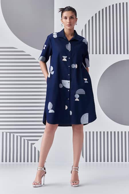 Nachiket Barve Blue Denim Embroidery Thread Collar Slouchy Shirt Dress 