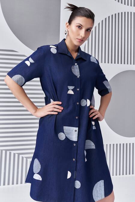 Shop_Nachiket Barve_Blue Denim Embroidery Collared Threadwork Slouchy Shirt Dress _Online_at_Aza_Fashions