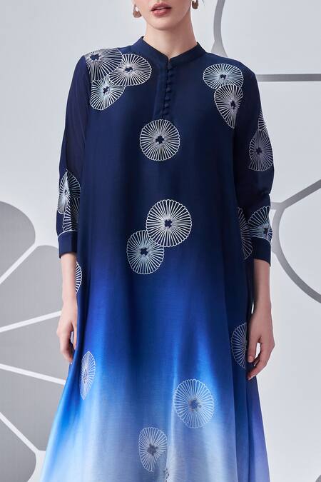 Nachiket Barve_Blue Chanderi , Embroidery Mandarin Ombre Floral Kurta And Pant Set _Online_at_Aza_Fashions