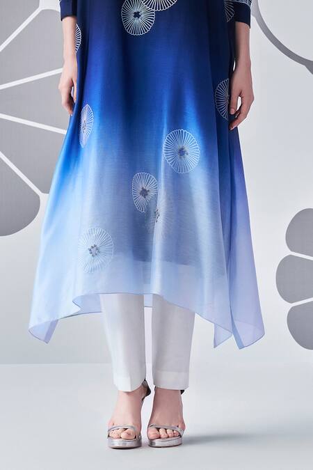 Buy_Nachiket Barve_Blue Chanderi , Embroidery Mandarin Ombre Floral Kurta And Pant Set _Online_at_Aza_Fashions