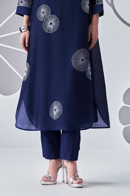 Buy_Nachiket Barve_Blue Chanderi , Tussar, Embroidery Mandarin Floral Kurta And Pant Set _Online_at_Aza_Fashions