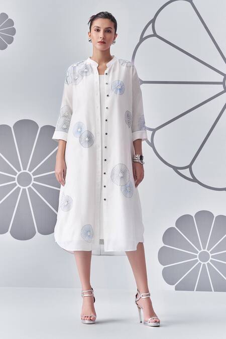 Buy_Nachiket Barve_Ivory Chanderi , Embroidery Mandarin Collar Tunic _Online_at_Aza_Fashions