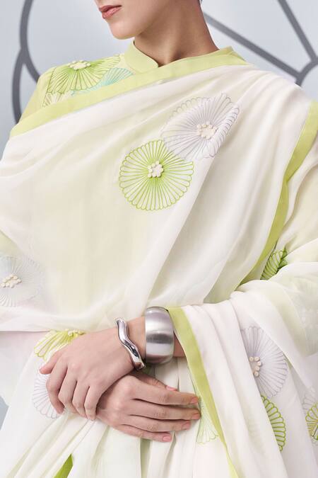 Nachiket Barve_Green Chanderi Silk, Tussar, Georgette Embroidery Mandarin Collar Kurta Pant Set _Online_at_Aza_Fashions