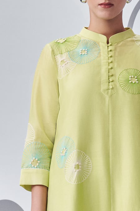 Nachiket Barve Green Chanderi , Embroidery Mandarin Collar Floral Bloom Tunic Online at Aza Fashions Nachiket Barve_Green Chanderi , Embroidery Mandarin Collar Floral Bloom Tunic _Online_at_Aza_Fashions