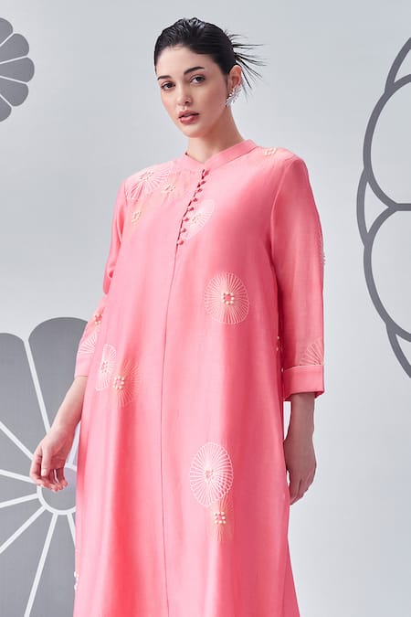 Nachiket Barve Pink Chanderi , Embroidery Mandarin Collar Scattered Floral Tunic Online at Aza Fashions Nachiket Barve_Pink Chanderi , Embroidery Mandarin Collar Scattered Floral Tunic _Online_at_Aza_Fashions