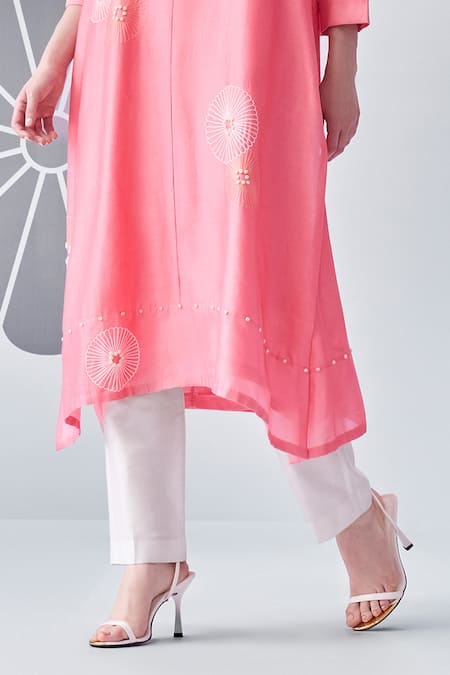 Buy_Nachiket Barve_Pink Chanderi Silk, Tussar Embroidery Mandarin Scattered Floral Tunic Pant Set _Online_at_Aza_Fashions