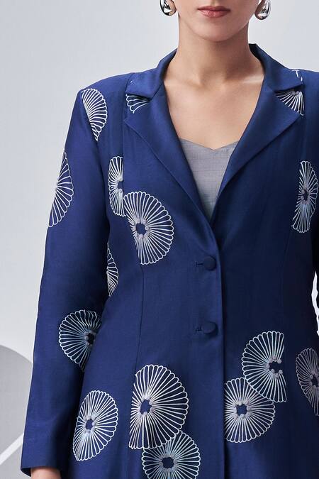 Nachiket Barve_Blue Chanderi, Viscose Embroidery Collared, Round Neck Floral Jacket With Dress _Online_at_Aza_Fashions