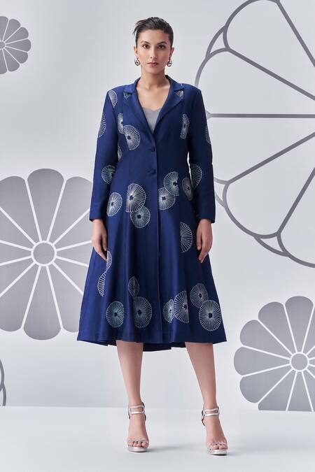Buy_Nachiket Barve_Blue Chanderi, Viscose Embroidery Collared, Round Neck Floral Jacket With Dress _Online_at_Aza_Fashions