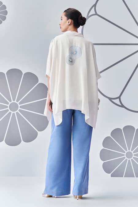 Shop Nachiket Barve Ivory Georgette, Denim Embroidery Collared Floral Poncho Shirt With Pant at Aza Fashions Shop_Nachiket Barve_Ivory Georgette, Denim Embroidery Collared Floral Poncho Shirt With Pant _at_Aza_Fashions