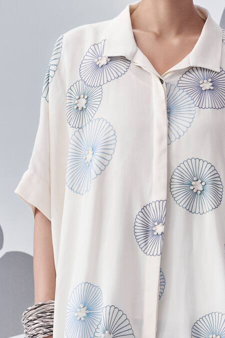 Nachiket Barve Ivory Georgette, Denim Embroidery Collared Floral Poncho Shirt With Pant Online at Aza Fashions Nachiket Barve_Ivory Georgette, Denim Embroidery Collared Floral Poncho Shirt With Pant _Online_at_Aza_Fashions