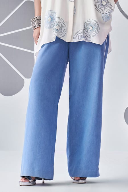 Shop Nachiket Barve Ivory Georgette, Denim Embroidery Collared Floral Poncho Shirt With Pant Online at Aza Fashions Shop_Nachiket Barve_Ivory Georgette, Denim Embroidery Collared Floral Poncho Shirt With Pant _Online_at_Aza_Fashions