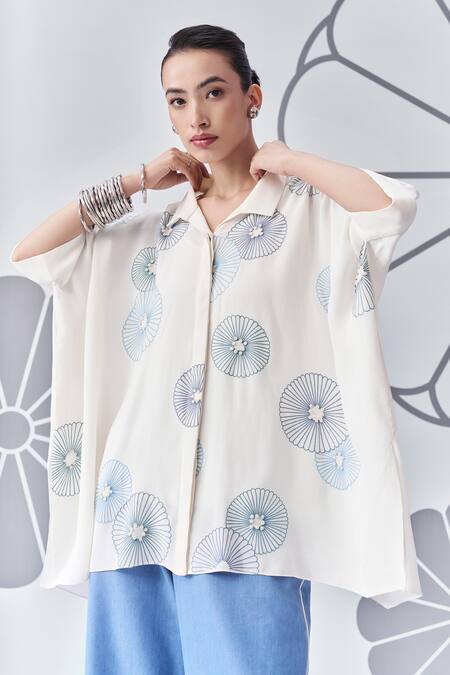 Nachiket Barve Ivory Georgette, Denim Embroidery Collared Floral Poncho Shirt With Pant at Aza Fashions Nachiket Barve_Ivory Georgette, Denim Embroidery Collared Floral Poncho Shirt With Pant _at_Aza_Fashions