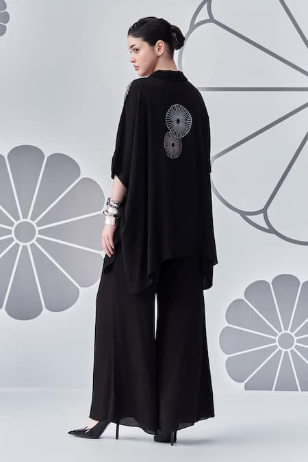 Shop_Nachiket Barve_Black Georgette Embroidery Collared Floral Poncho Shirt _at_Aza_Fashions