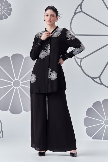 Nachiket Barve Black Georgette Embroidery Floral Collar Flower Shirt With Pant 