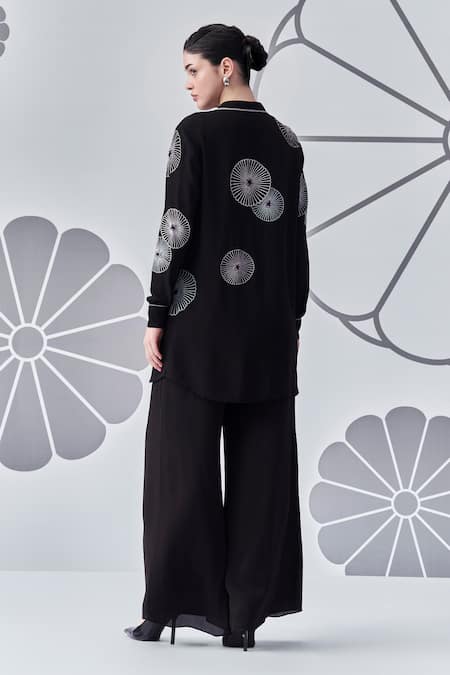 Shop Nachiket Barve Black Georgette Embroidery Collared Flower Shirt With Pant at Aza Fashions Shop_Nachiket Barve_Black Georgette Embroidery Collared Flower Shirt With Pant _at_Aza_Fashions