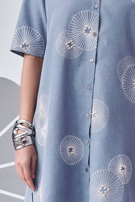 Nachiket Barve_Blue Denim Embroidery Collared Flower Shirt Dress _Online_at_Aza_Fashions