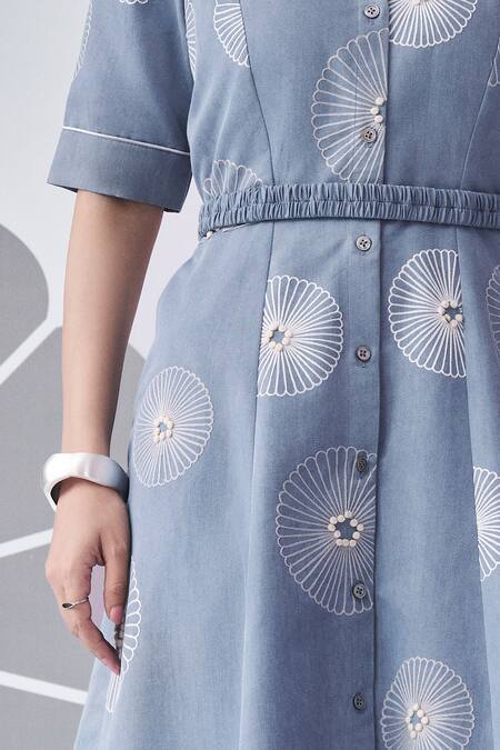 Nachiket Barve Blue Denim Embroidery Collared Flower Midi Dress Online at Aza Fashions Nachiket Barve_Blue Denim Embroidery Collared Flower Midi Dress _Online_at_Aza_Fashions