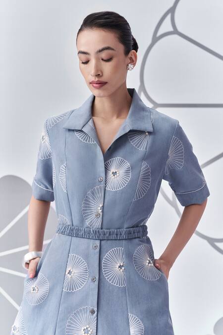 Buy Nachiket Barve Blue Denim Embroidery Collared Flower Midi Dress Online at Aza Fashions Buy_Nachiket Barve_Blue Denim Embroidery Collared Flower Midi Dress _Online_at_Aza_Fashions