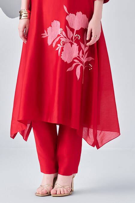 Shop_Nachiket Barve_Red Chanderi , Cotton, Embroidery Thread Asymmetric Kurta And Pant Set _Online_at_Aza_Fashions